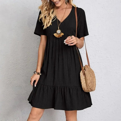 Spring V-Neck Short Sleeve Loose Waist Dress