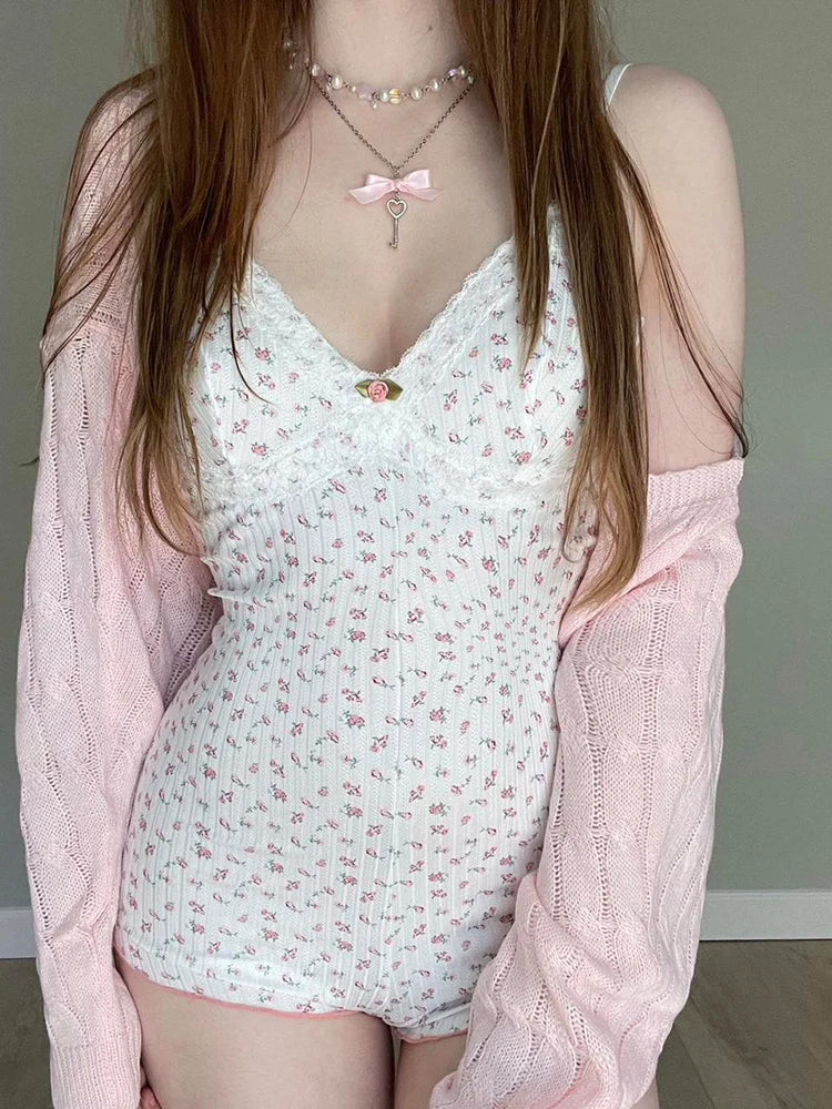 Sweet Floral Print Lace Patchwork Bodysuit – Spring & Summer Romance