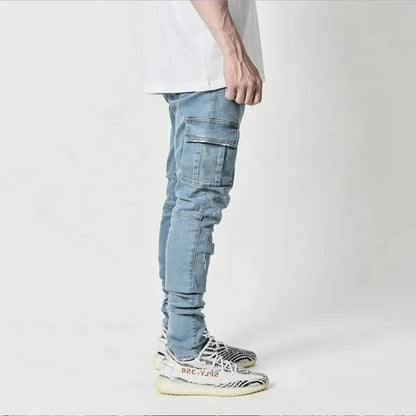 Elastic Denim Cargo Pants with Pockets