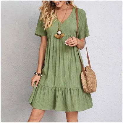 Spring V-Neck Short Sleeve Loose Waist Dress