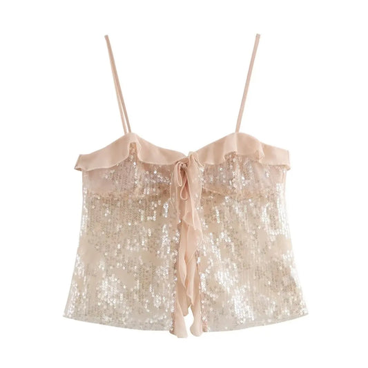 Chic Pleated Ruffle Backless Chiffon Top