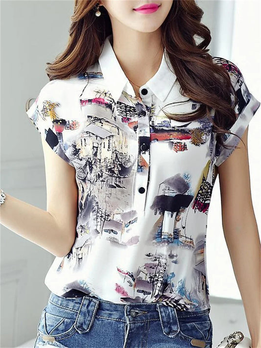 Chiffon Printed Turn-Down Collar Blouse