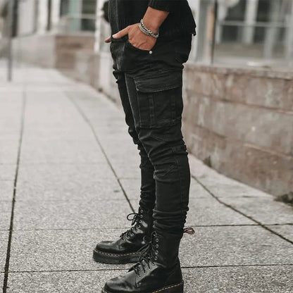 Elastic Denim Cargo Pants with Pockets