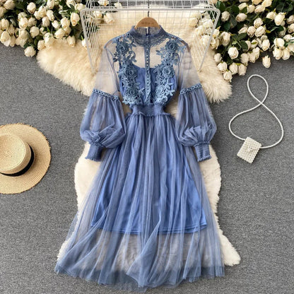 Lantern Sleeve High Waist Slim Female Dress