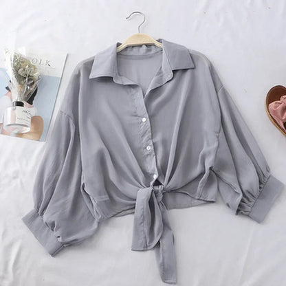 Elegant Solid Color Tied Waist Blouse