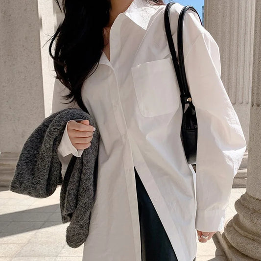 Elegant White Cotton Long Sleeve Blouse