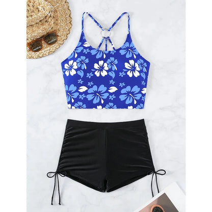 Floral Printed Tankini Set – Adjustable Strap Vest Bra & High-Waist Shorts for Women