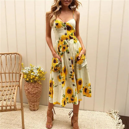 Printed Sleeveless V-Neck Summer Dress