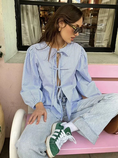 Vintage Women Puff Sleeve Loose Shirts