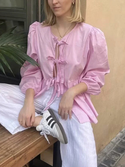 Vintage Women Puff Sleeve Loose Shirts