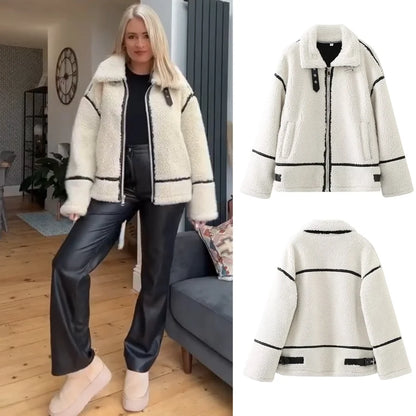 Women's Wool Contrast Color Plush Warm Jacket
