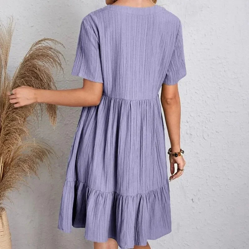 Spring V-Neck Short Sleeve Loose Waist Dress