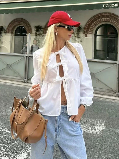Vintage Women Puff Sleeve Loose Shirts