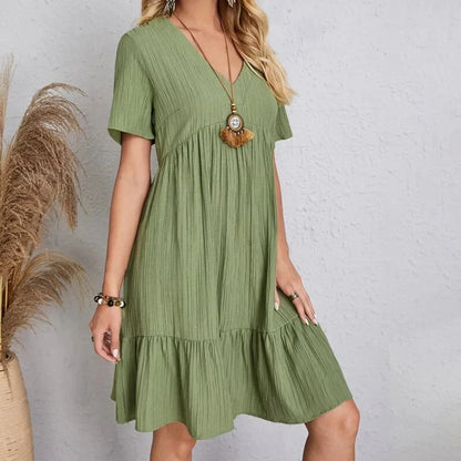 Spring V-Neck Short Sleeve Loose Waist Dress