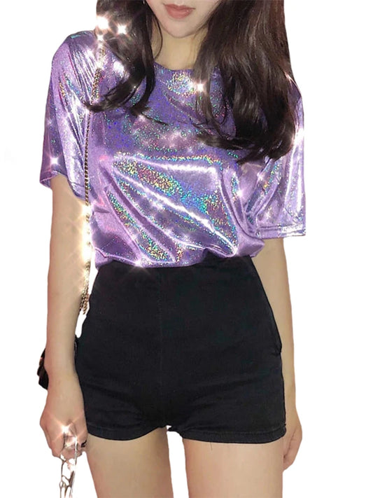 Shiny Loose Short Sleeve T-Shirt – Summer Club Aesthetic