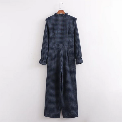 Fashion temperament casual versatile bubble sleeve plaid long jumpsuit