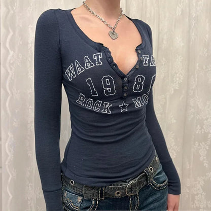 Letter Print Long Sleeve Bodycon T-Shirt