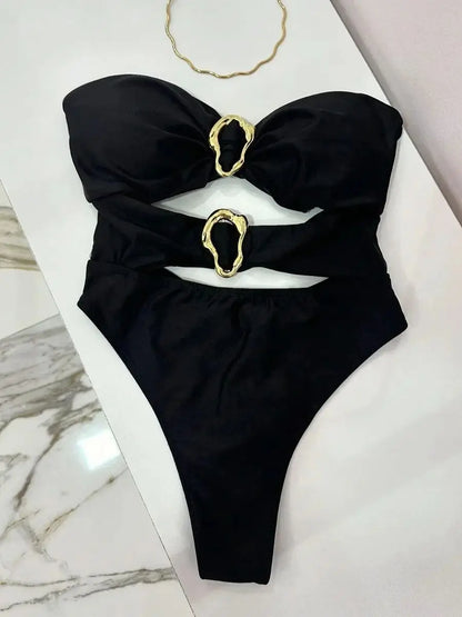 Colors Sexy Metal Rings Cut Out One-Piece Swimsuit