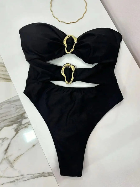 Colors Sexy Metal Rings Cut Out One-Piece Swimsuit