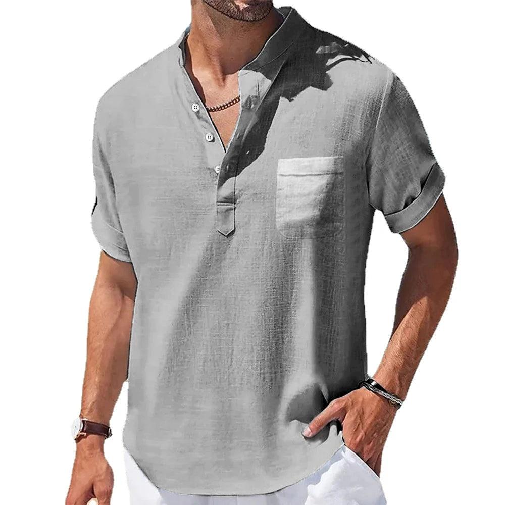 Casual Stand-Up Collar Linen Short Sleeve Shirt