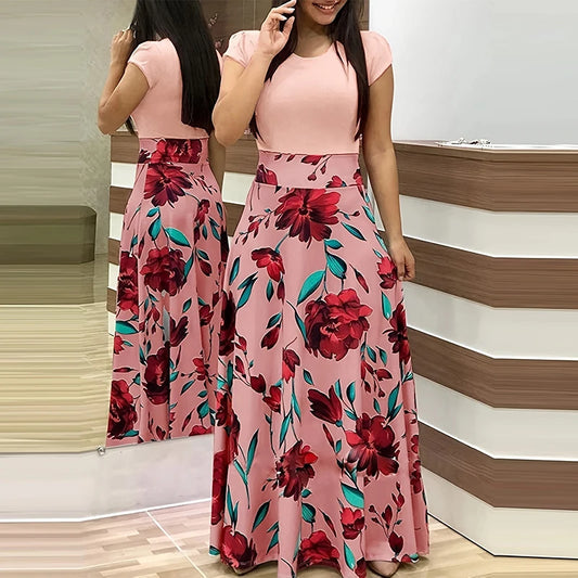 Printed Pleated Crew Neck Maxi Dress