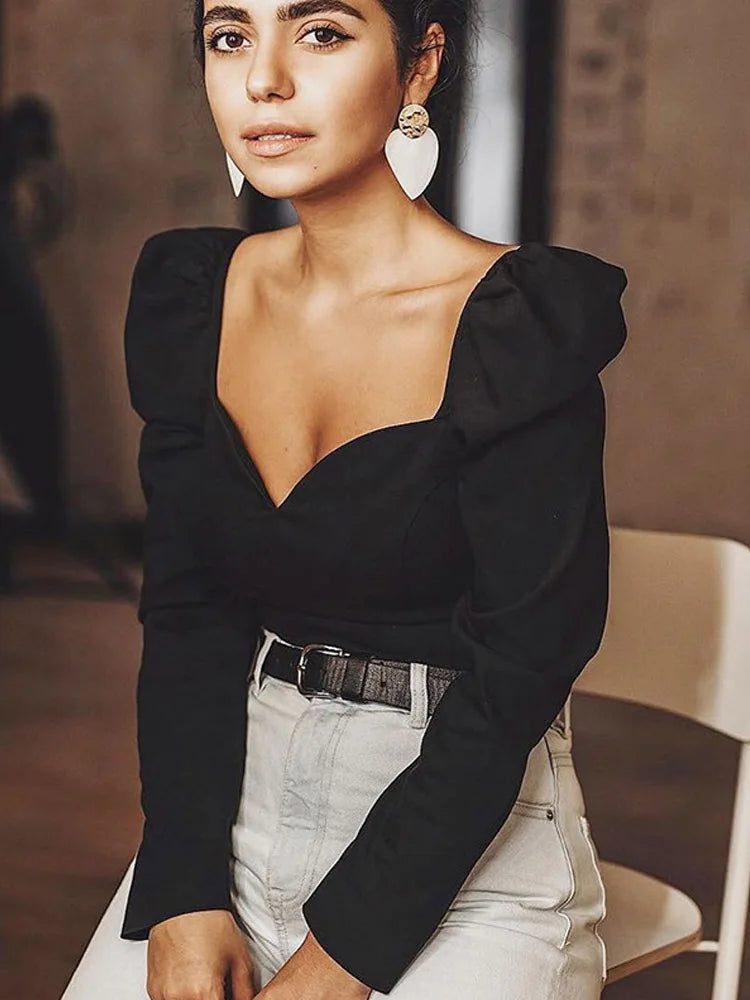 vintage square sexy small V-neck Slim blouse