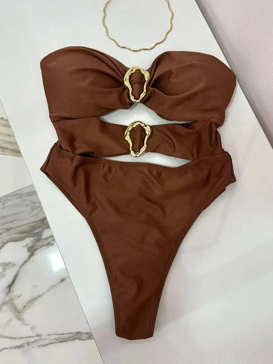 Colors Sexy Metal Rings Cut Out One-Piece Swimsuit