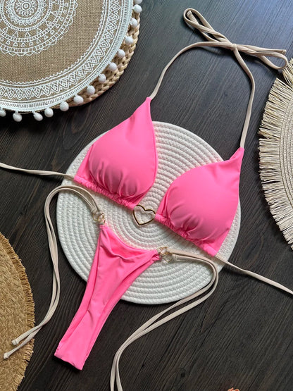Sexy Solid Color Halter Bikini Set – Women's Triangle Thong Swimwear