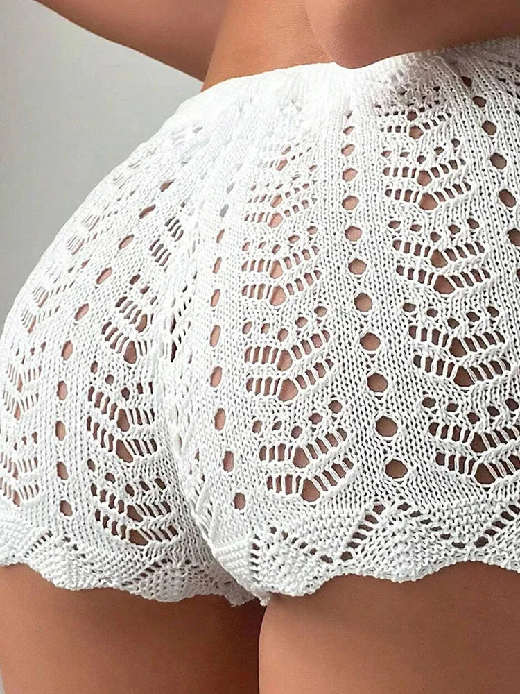 Hollow Drawstring Open Waist Knitted Shorts