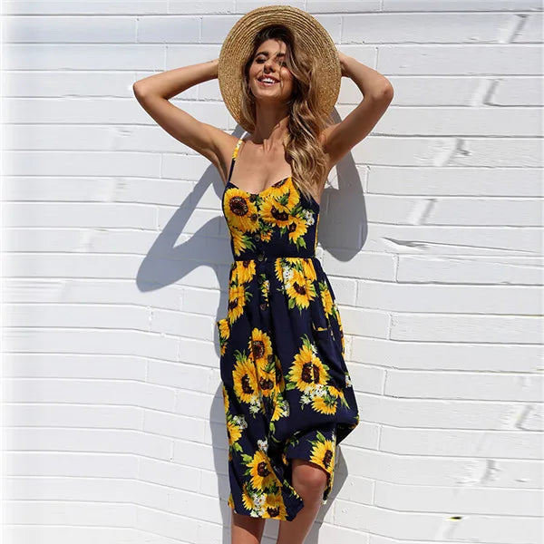Printed Sleeveless V-Neck Summer Dress