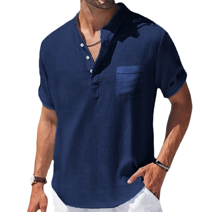 Casual Stand-Up Collar Linen Short Sleeve Shirt