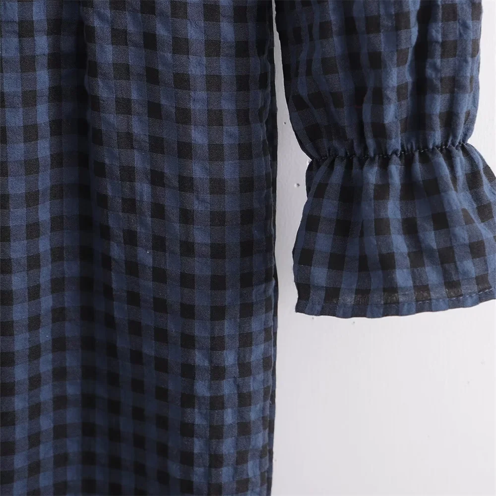 Fashion temperament casual versatile bubble sleeve plaid long jumpsuit