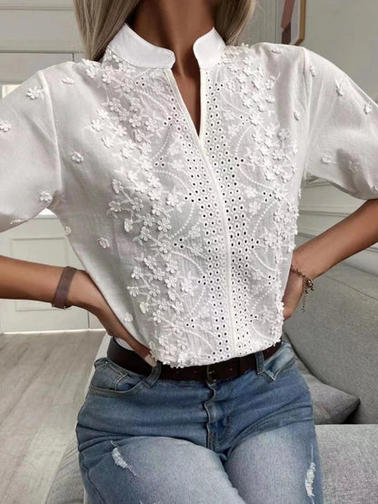 V-Neck Embroidered Lantern Sleeve Blouse