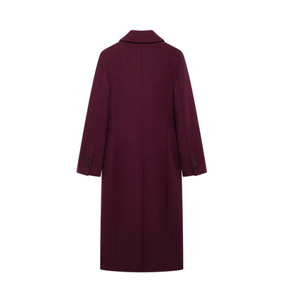 Women Fashion Burgundy Woolen Coat Double Breasted Jacket