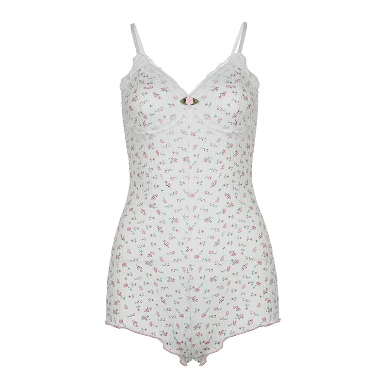 Sweet Floral Print Lace Patchwork Bodysuit – Spring & Summer Romance