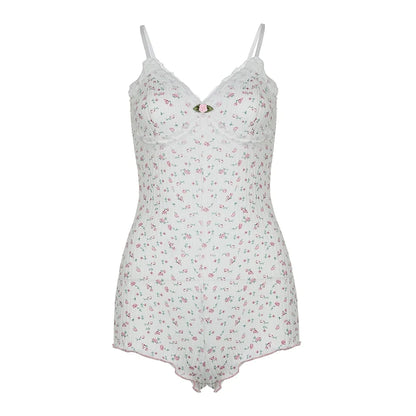 Sweet Floral Print Lace Patchwork Bodysuit – Spring & Summer Romance