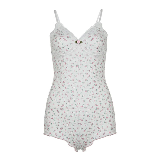 Sweet Floral Print Lace Patchwork Bodysuit – Spring & Summer Romance