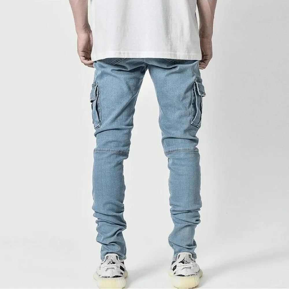 Elastic Denim Cargo Pants with Pockets