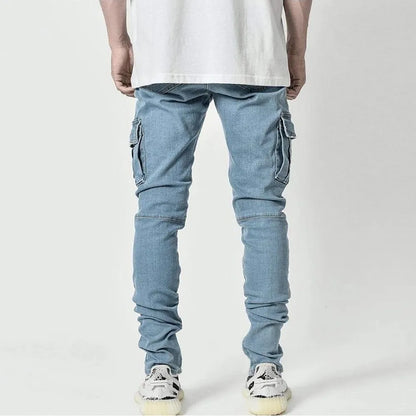 Elastic Denim Cargo Pants with Pockets