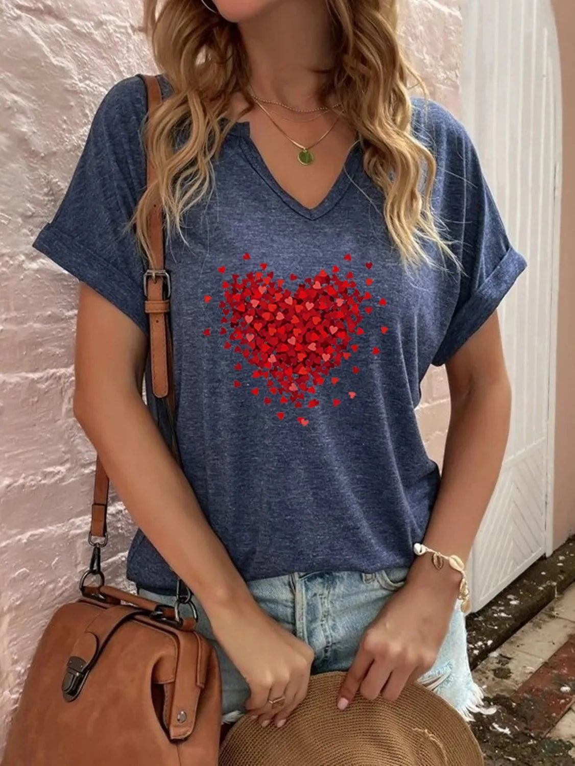 Red Love Print V-Neck T-Shirt