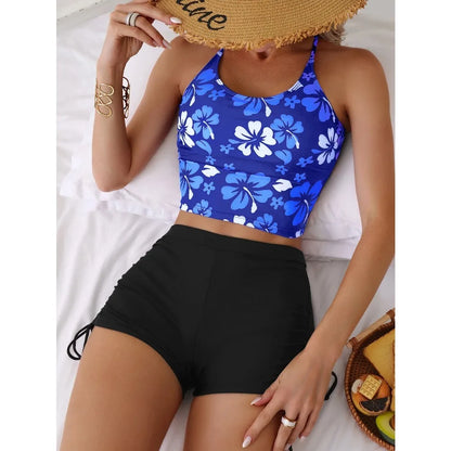 Floral Printed Tankini Set – Adjustable Strap Vest Bra & High-Waist Shorts for Women