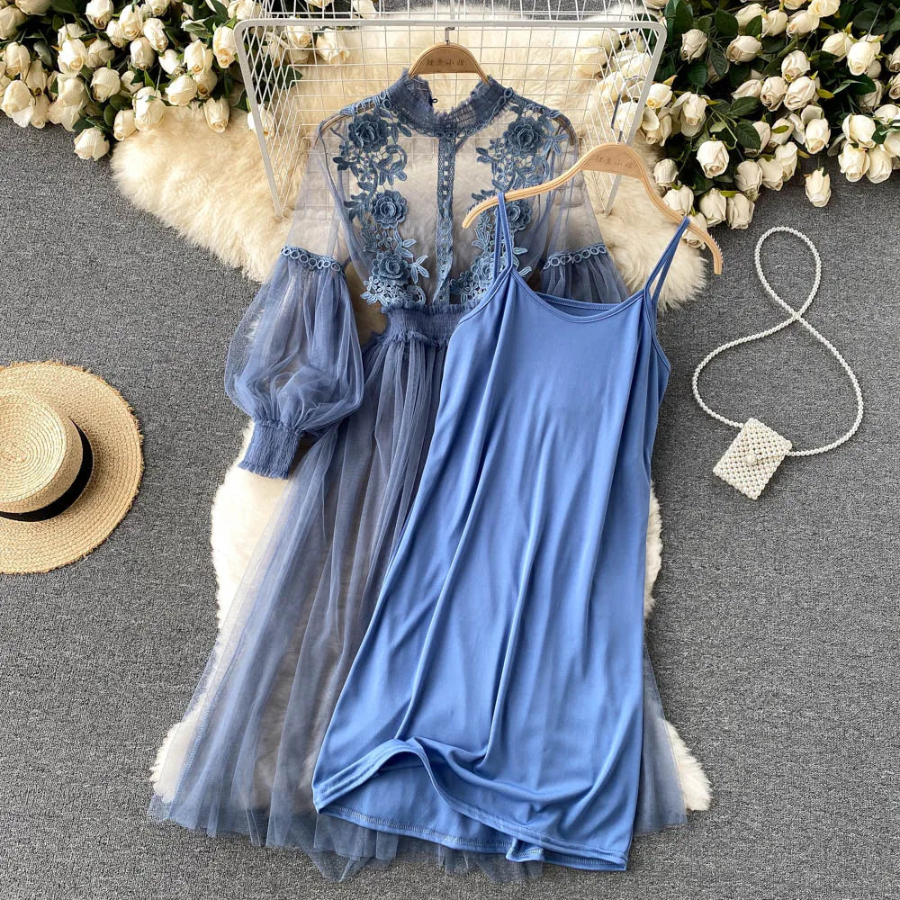 Lantern Sleeve High Waist Slim Female Dress