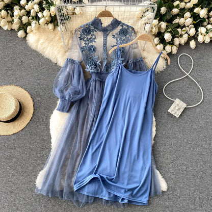 Lantern Sleeve High Waist Slim Female Dress