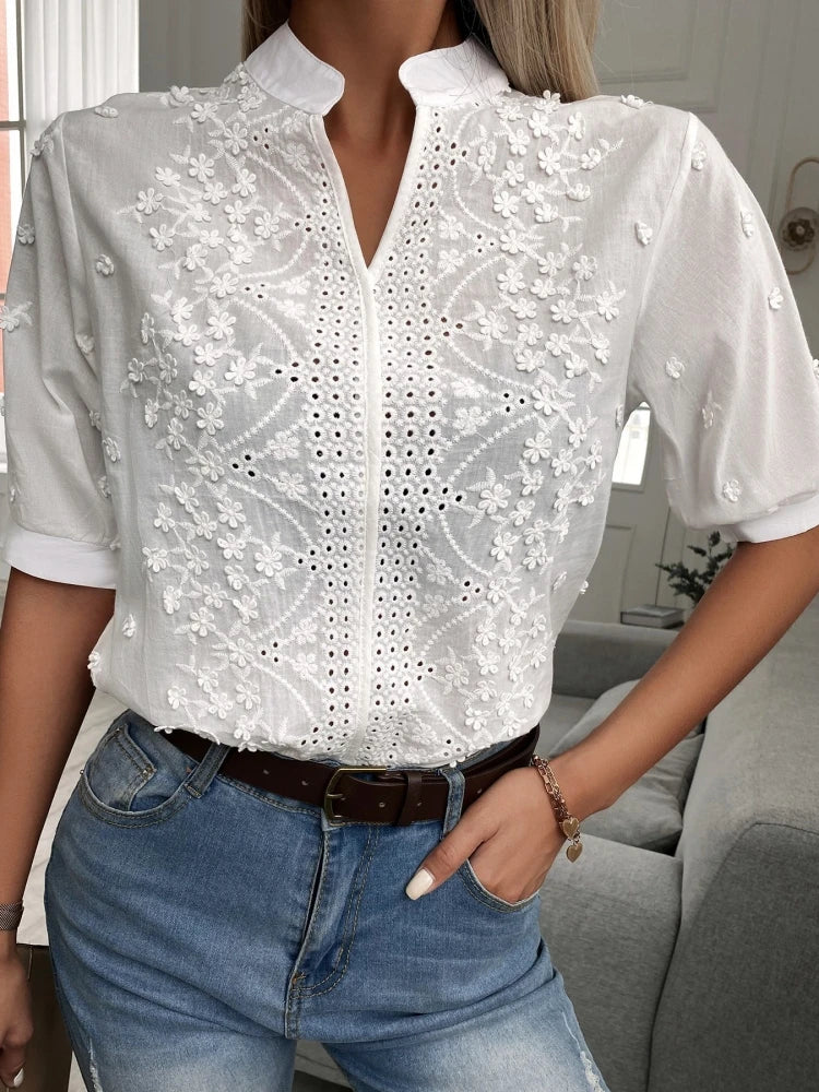 V-Neck Embroidered Lantern Sleeve Blouse
