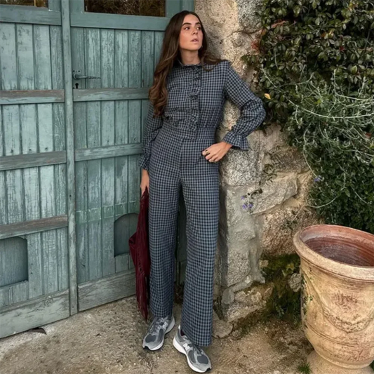 Fashion temperament casual versatile bubble sleeve plaid long jumpsuit