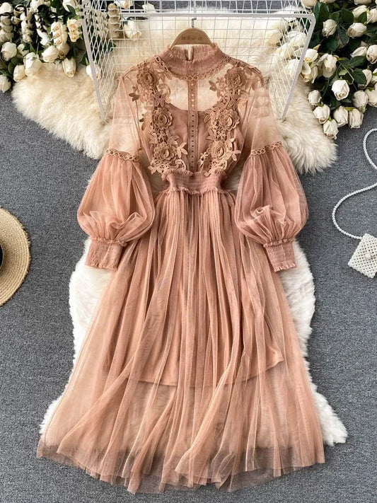 Lantern Sleeve High Waist Slim Female Dress