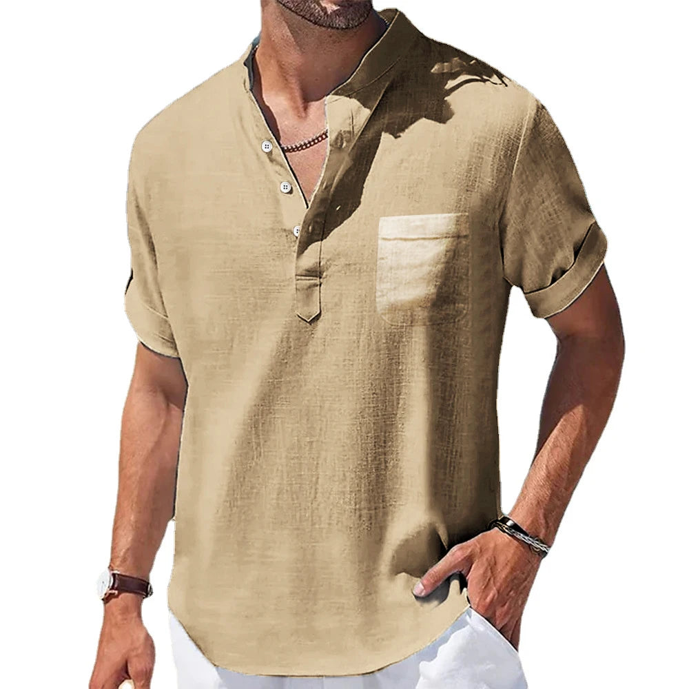 Casual Stand-Up Collar Linen Short Sleeve Shirt
