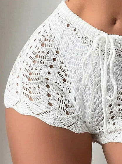 Hollow Drawstring Open Waist Knitted Shorts