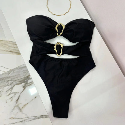 Colors Sexy Metal Rings Cut Out One-Piece Swimsuit
