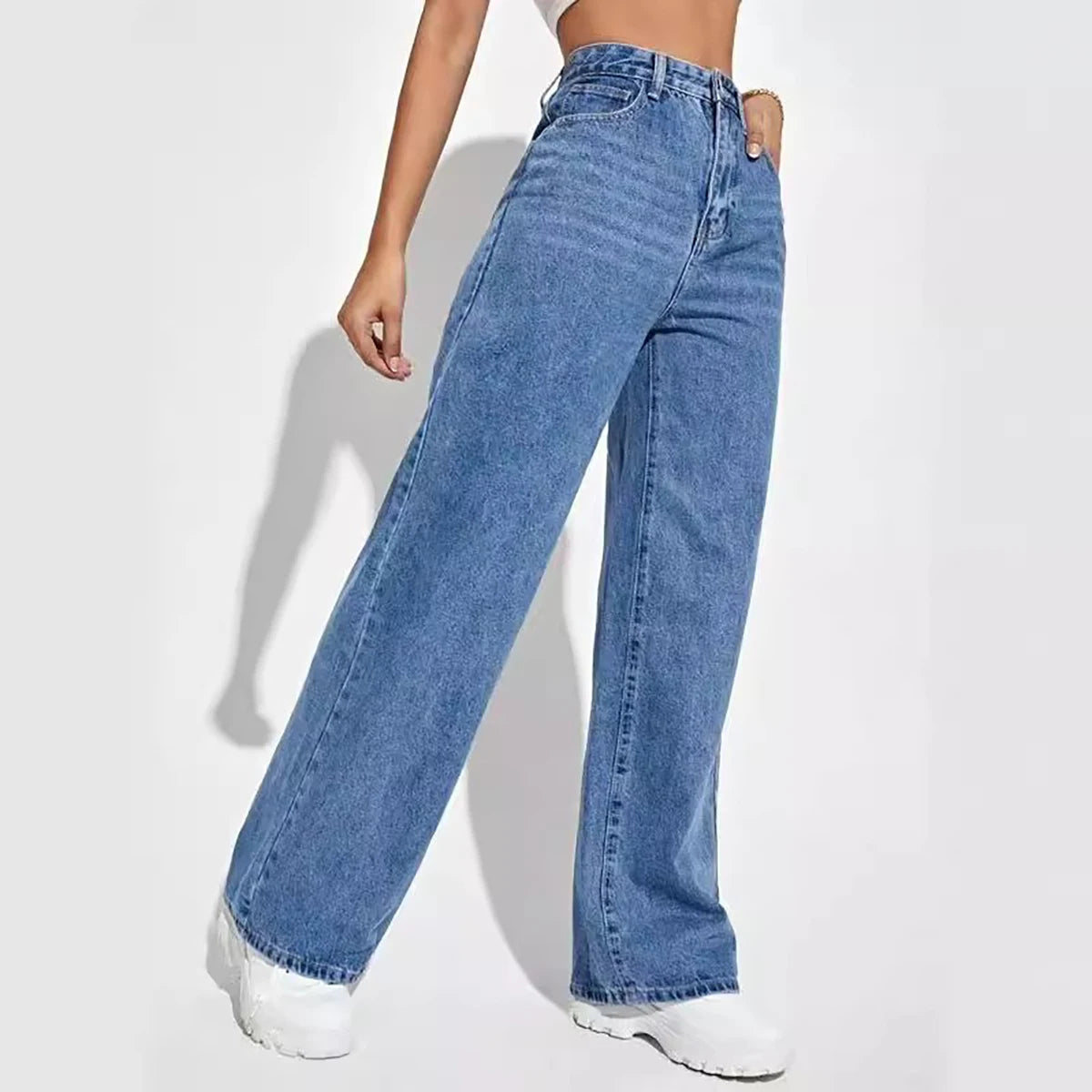 Women's Dark Blue Wide Leg Straight Jeans
